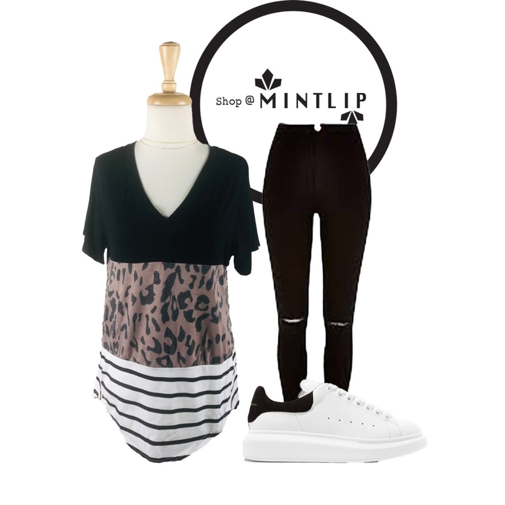 New Black Leopard Striped Color Block Top